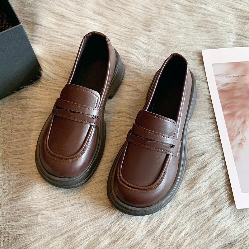 Lädskor Dam Sommar Brittisk Stil Blockklack Platå Loafers Dam College Casual Enkla