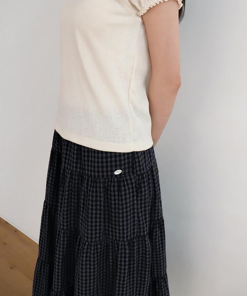 Moyora Tiered Check Flare Elastic Long Skirt [Navy]