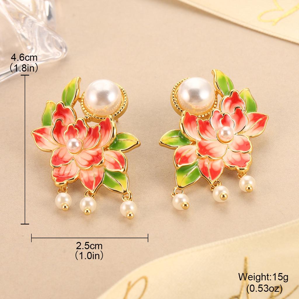 Flower Pearl Stud Earrings Enamel Oil Dripping Flower Mini Love Mori Design Sense Light Luxury Earrings Women