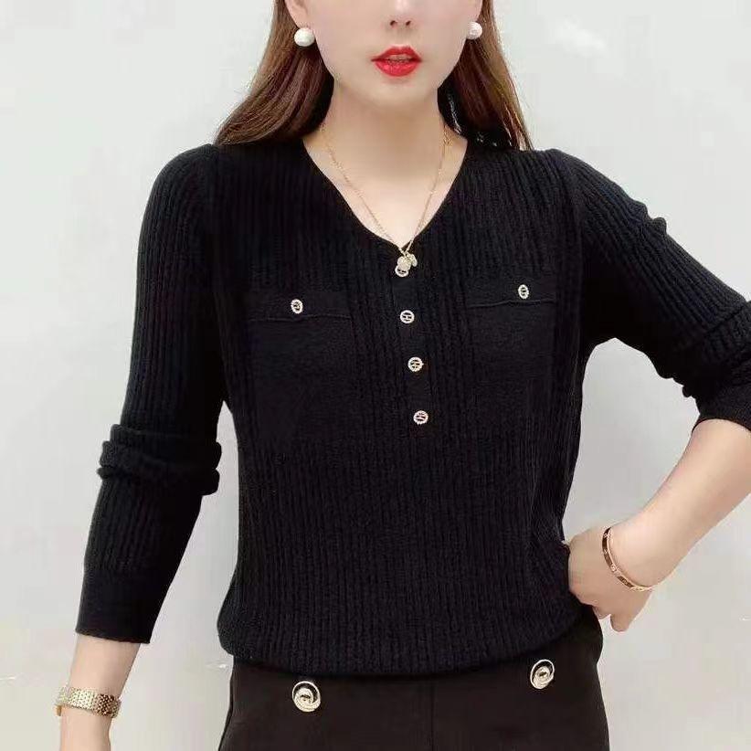 Women's Autumn Sweater Long Sleeve Knit V-Neck Pullover Loose Thin Sweater Top