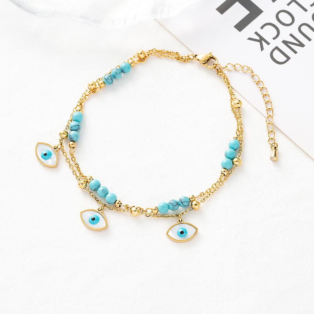 1 Set of Turquoise Inlaid Star Devil's Eye Lady's Ankle Chain Stainless Steel Plated 18K Gold Ankle Layered Chain Chain