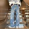 American Street Print Jeans Men's Autumn Trendy Brand Vibe Style Loose and Versatile Design Sense Mopping Wide Leg Pants