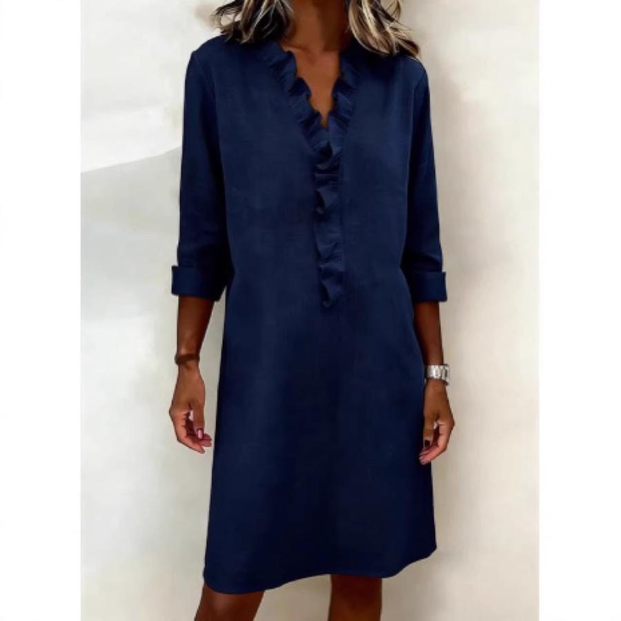 Spring New Fashion Slimming Women's Wood Ear Trim Long Sleeve Cotton Linen Shirt Dress
