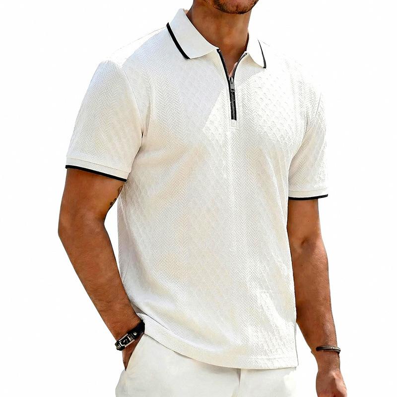 Mens Casual Short Sleeve Zipper Jacquard Solid Polo Shirt S