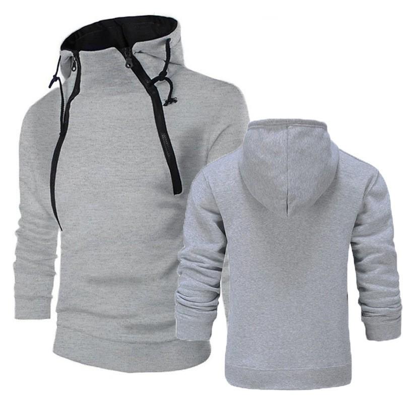 Mens Hooded Fleece Pullover Sweatshirt With Dual Zipper Placket Colorblock Design