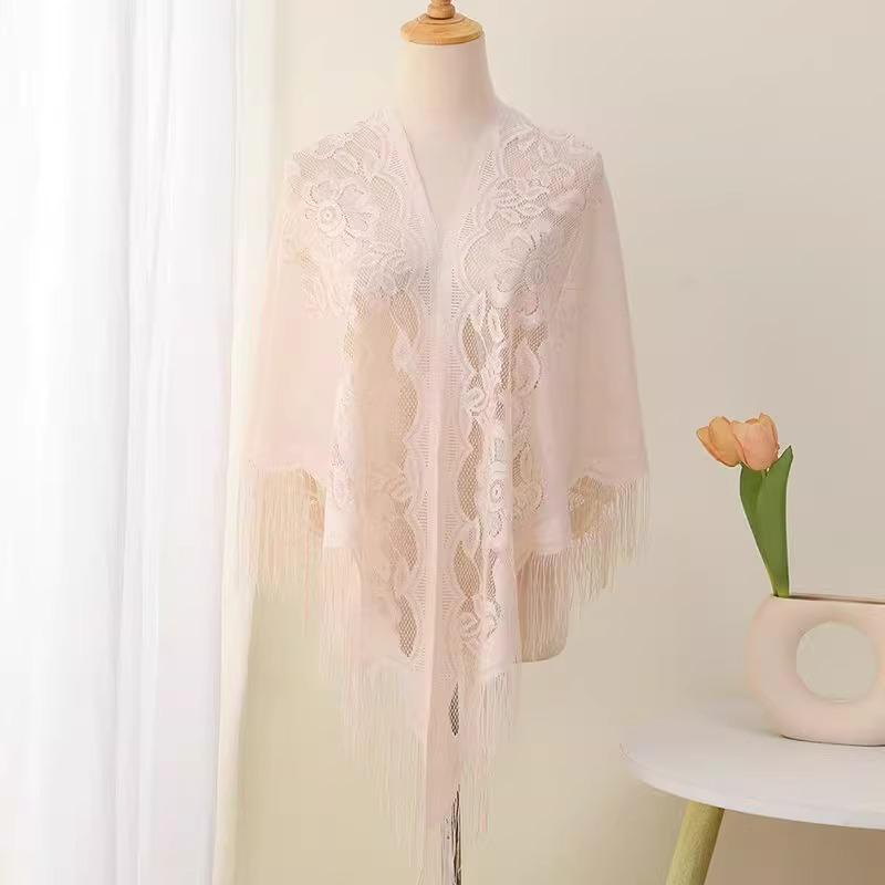 

Solid color cheongsam shawl with sun protection women s tassel summer women s thin lace shawl casual