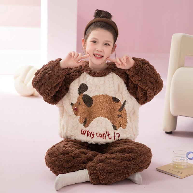 Girls Winter Coral Fleece Pajama Set Thick Warm Sleepwear Ages 8 Cartoon Animal Print Home Outfit