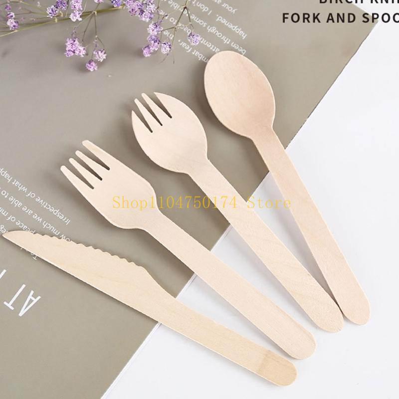 (Pack of 100) Disposable Wooden Cutlery Set Wedding Birthday Party Tableware top sale
