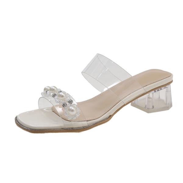 Fashion Shoes Women Glitter Slides Square heel Slippers Heels Med Low Pantofle Soft Jelly Block High Transparent Summer 2025 PU PVC Rub