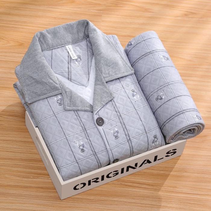 Men's Cotton Plaid Pajamas - Long-Sleeved Cardigan, Lapel, Plus Size, Perfect for Autumn and Winter.