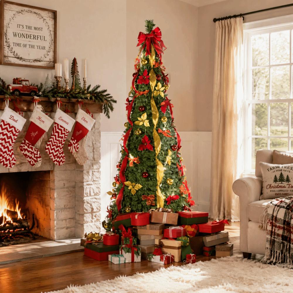 Warm White Lights Folding Christmas Tree Pre-Decorated Collapsible Holiday Tree  Festive Decor