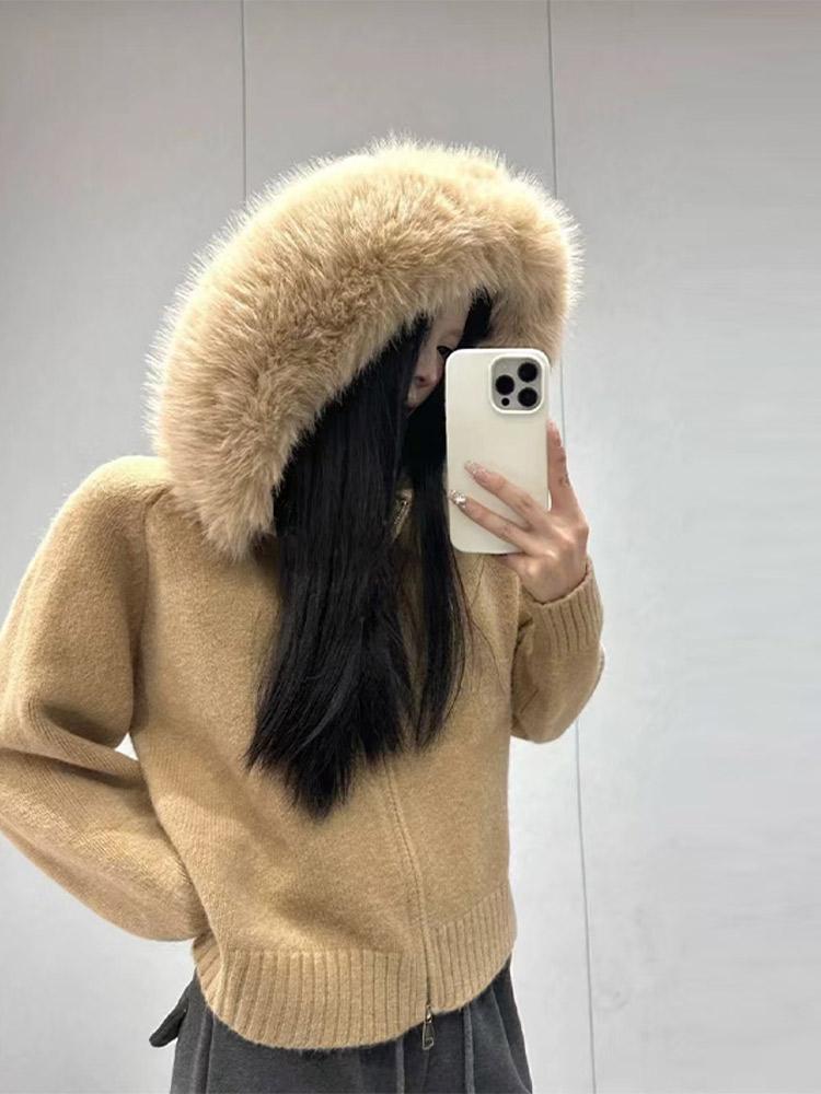 Cardigan da donna con cappuccio e zip color kaki, maglione, cappello in pelliccia, cardigan bianco lavorato a maglia, cappello peloso, giacca lavorata a maglia, maglione caldo nero da donna con fodera, autunno inverno
