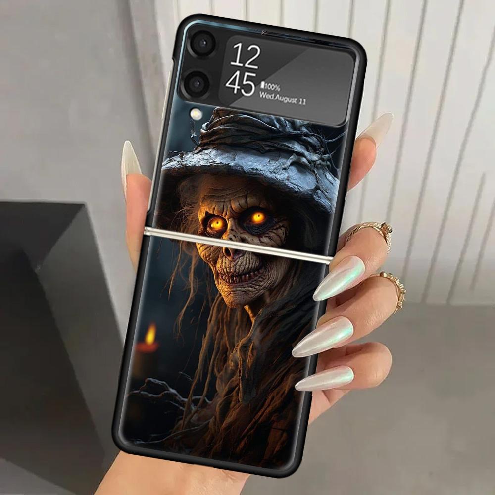 Halloween Moon Witch Horror Hard PC Phone Case For Samsung Galaxy Z Flip 7 6 5 4 3 Black ZFlip7 ZFlip6 Flip5 Flip4 Flip3 5G Prin