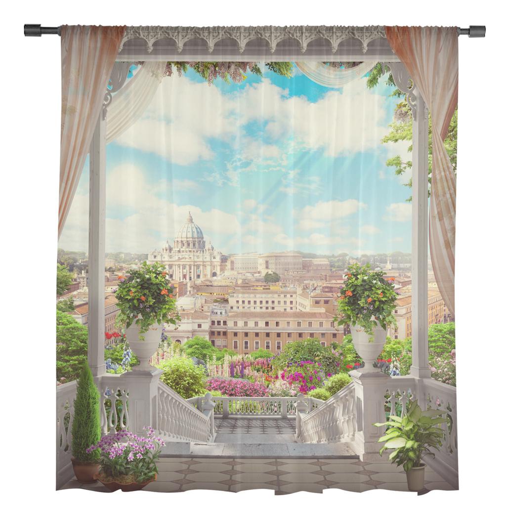European Style Building Balcony Scenery Tulle Window Curtains Living Room Organza Sheer Voile Curtain Bedroom Kitchen Home Decor