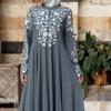 2025 Ethnic Style Muslim Women's Long Sleeve Stand Collar Printed Swing Skirt - PP1491