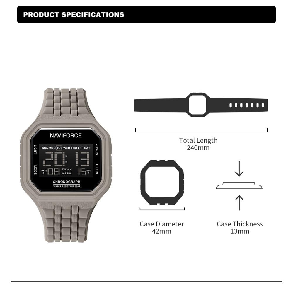 Naviforce LCD Digital Klokke for Menn Silikonreim Alarm Kronograf Dato Kalender Vanntett Utendørs Multifunksjonell Herre Gutt Klokke NF7116