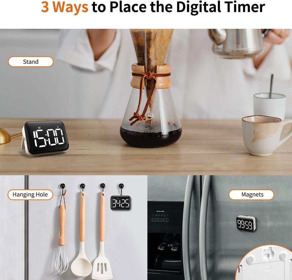 Kitchen & Classroom Timer with Strong Magnet, Digital Countdown/Up, Large Display with Adjustable Brightness & Sound Easy to Use