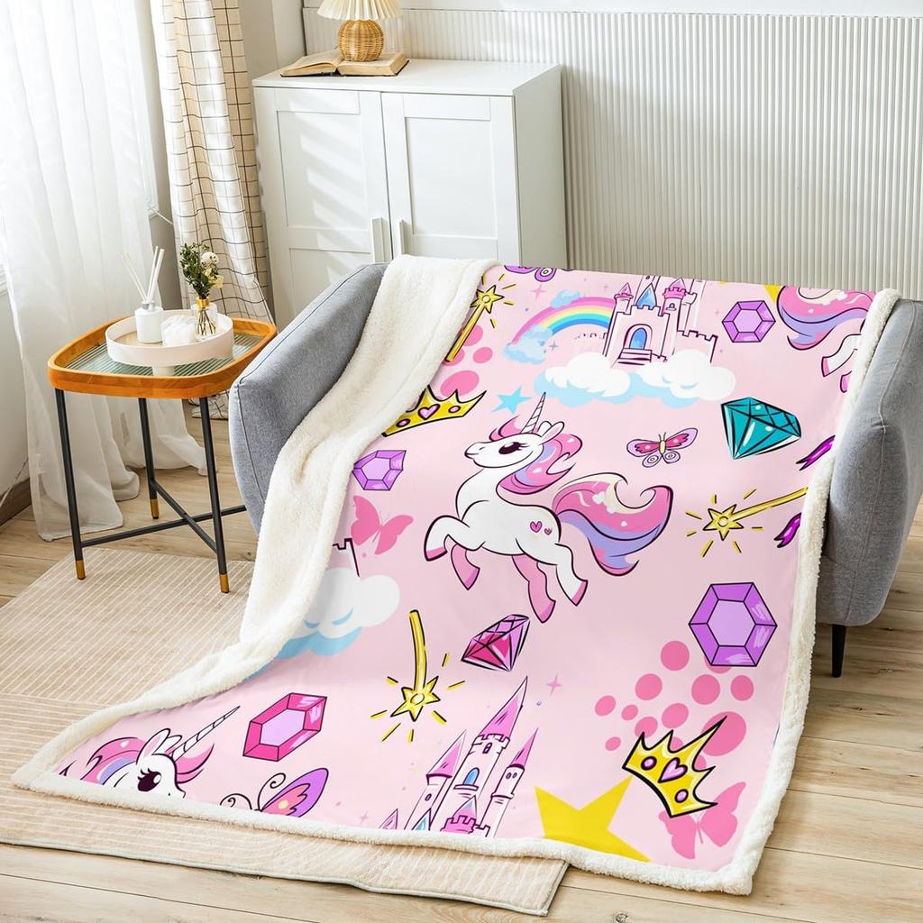 Princess Flannel Blanket All Seasons Dreamy Castle Girl Bed Throw for Kawaii Decor Watercolor Paint Print Purple Blanket for Kid