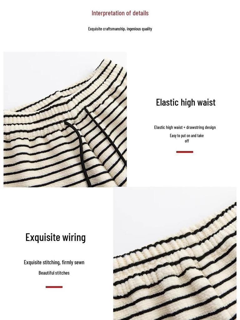 Petite High Waist Soft Terry Striped Wide Leg Pants - Women's 145cm