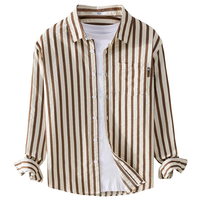 Men's Striped Long-sleeved Shirt Trend Bubble Texture Comfortable Everything Simple Young Men's Shirt