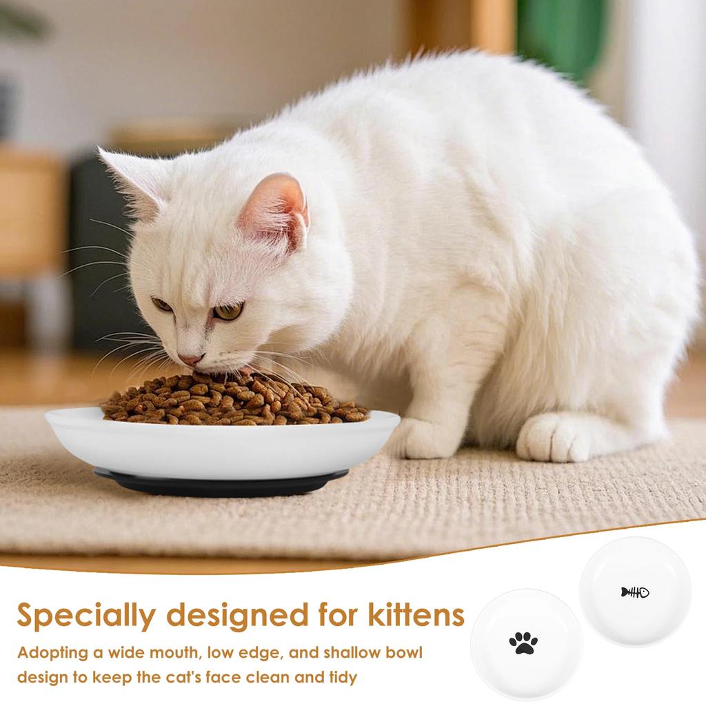 2/4Pcs Cat Ceramic Bowl Set Pet Food Feeding Dish Dispenser with Nonslip Silicone Base Shallow Wide Kitten Wet/Dry Bowls
