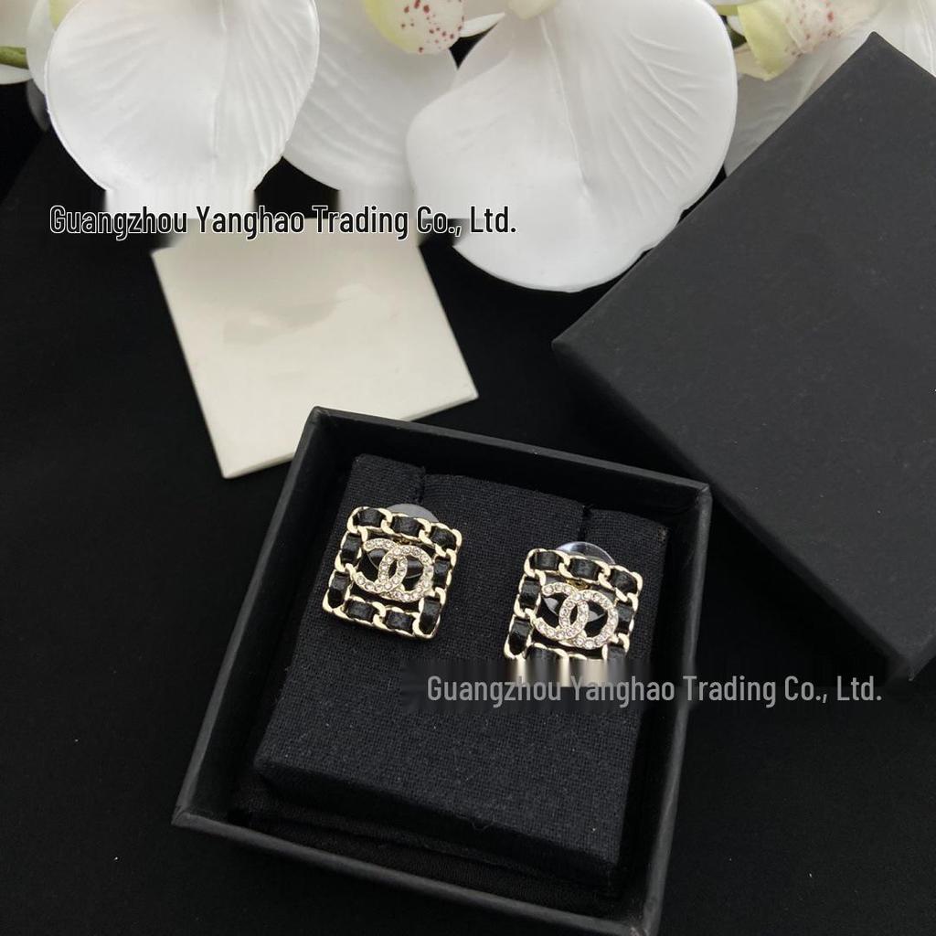 Seiko Coco Style Women's Square Black Leather Stud Earrings with Full Diamond Double C Design