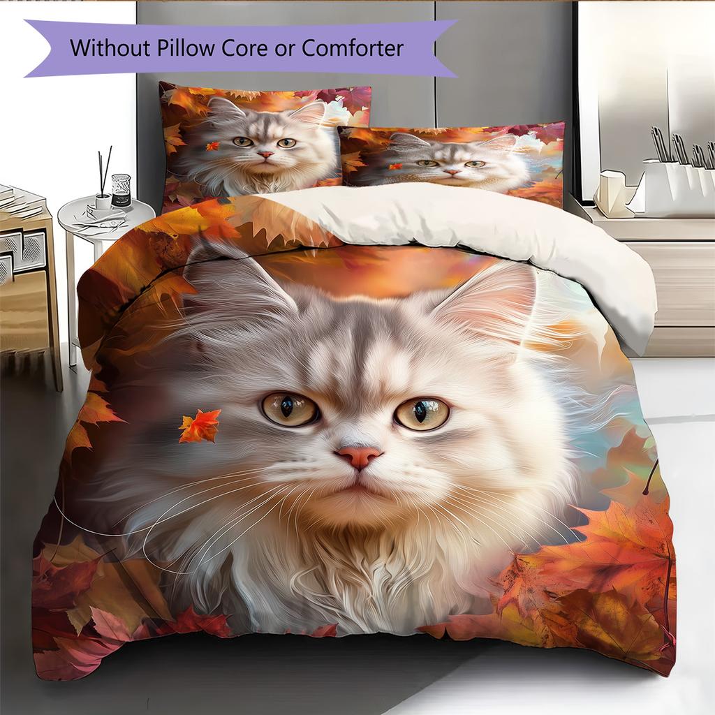 Maple Leaf Cat  Pattern Bedding Quilt Set Quilt Cover Pillowcase Home Decoration  Gift (1 * duvet cover + 2 * pillowcase, without core)