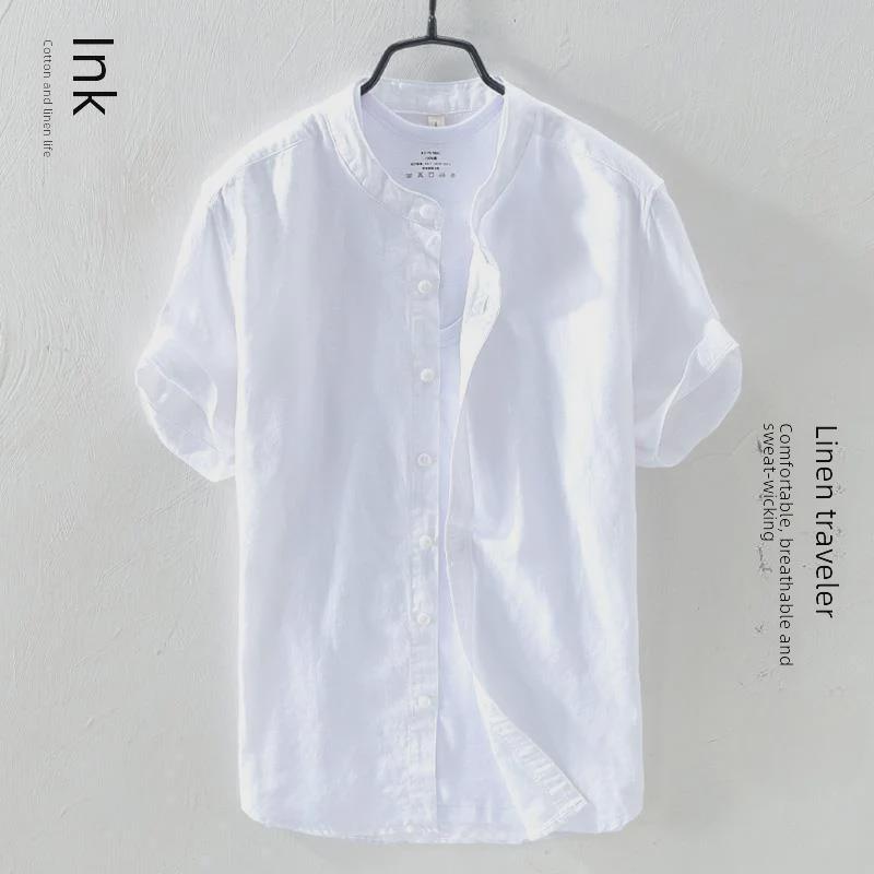 Men's Short-Sleeve Linen Shirt, Chinese Stand Collar, Casual Loose-Fit, Summer Trend