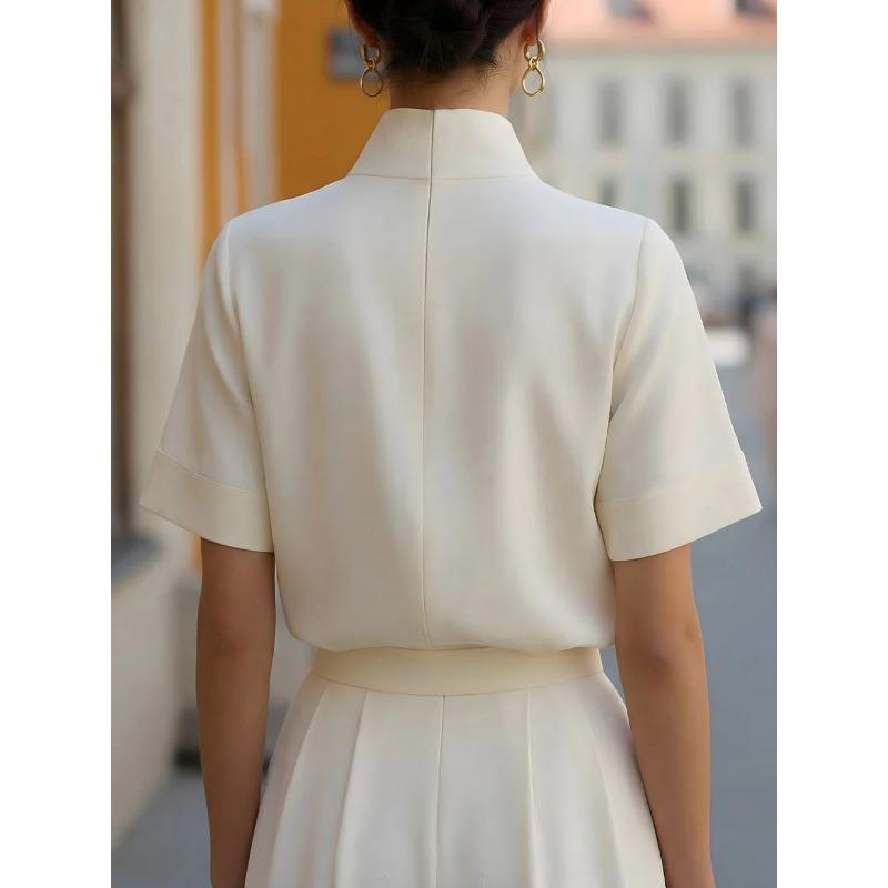 TIFICY Women's Fashion Casual Summer Spring Solid Color Print Short Sleeve High Neck Blouses & Shirts