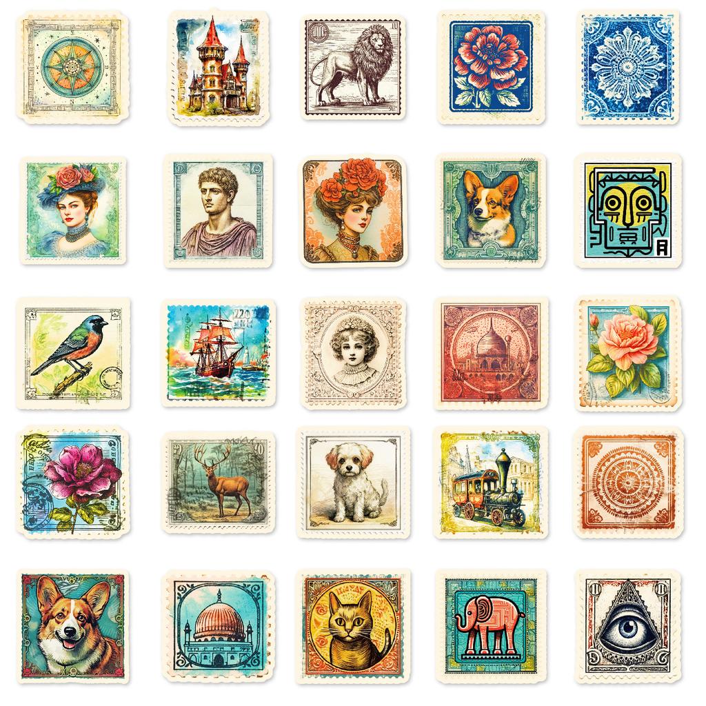 50Pcs Vintage Stamp Graffiti Stickers - Nordic Style Creative Decals for Journal & Item Decor