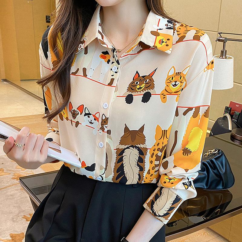 Autumn Fashion Temperament Printed Collar Chiffon Shirt Loose Top for Women Shirt