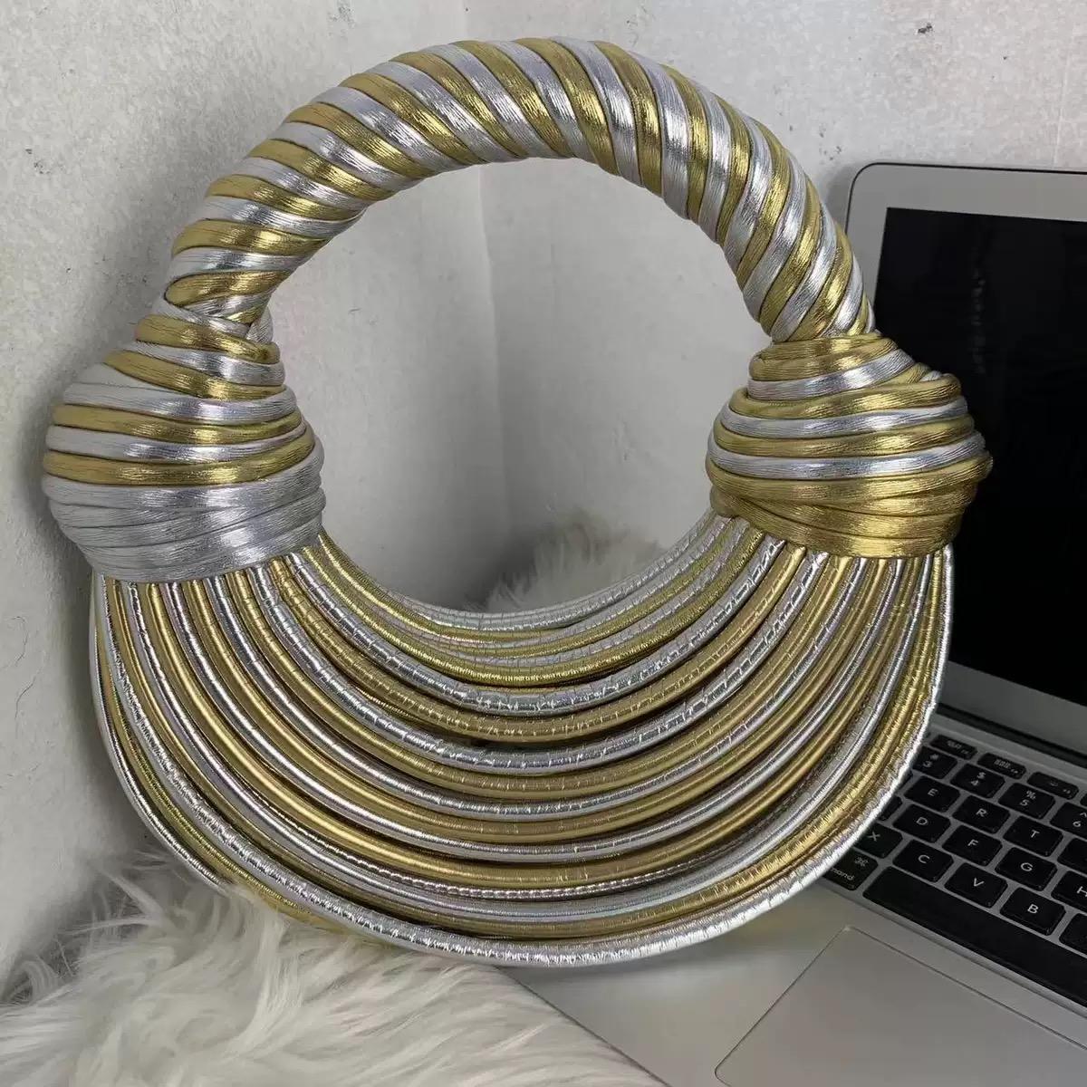 

Сумки для женщин 2025 Новые Золотые Роскошные Дизайнерские Брендовые Плетеные Сумки-лапша Веревочные Узловые Собранные Хобо Серебристый Вечерний Клатч Шик (20cm Max Length 30cm)