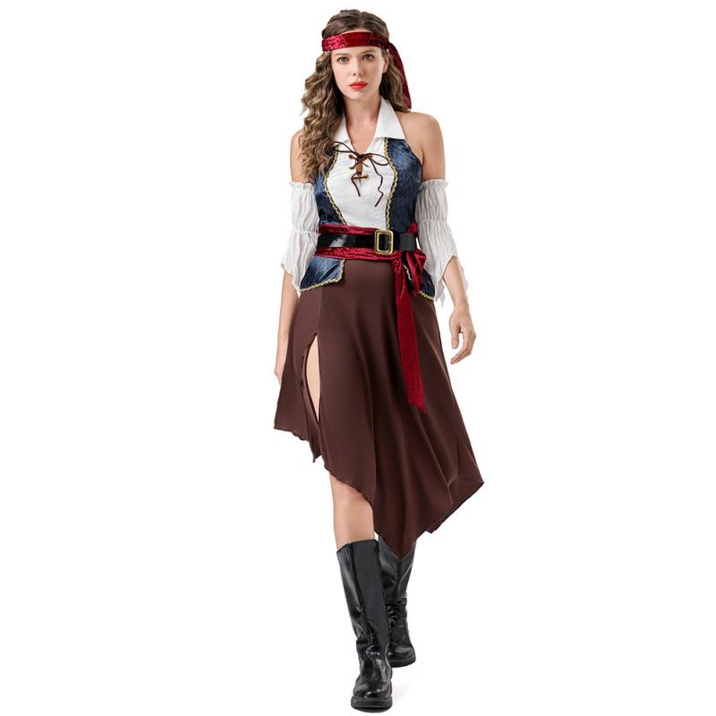Womens Caribbean Pirate Costume Set Dress Belt Sleeve Headscarf Sash Halloween Cosplay Party Adult Role Play