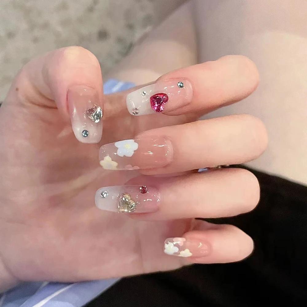 10Pcs Handmade French Gradient Cat Eye Press On Nails With 3D Butterfly Diamond Flowers Long Coffin Almond Shape
