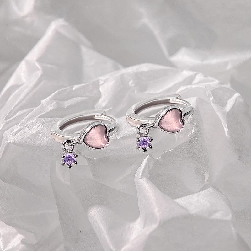 Sweet Pink Love Purple Diamond Ear Buckles Small Heart-shaped Earrings for Women Light Luxury High-end Earrings