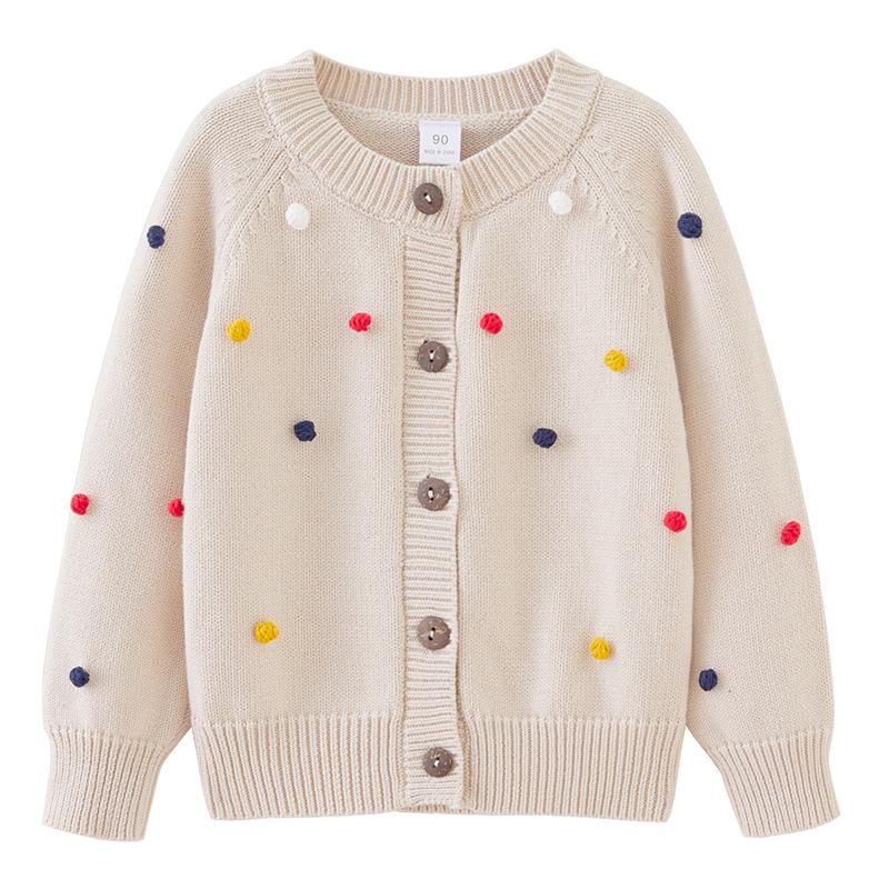 Hand-Crocheted Spring & Autumn Colorful Pom-Pom Girl's Cotton Cardigan