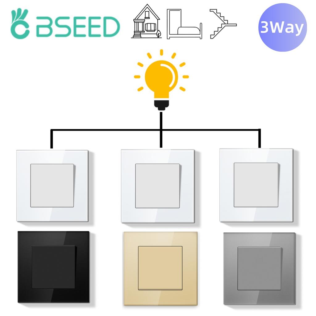 BSEED 1Gang 3Way Mechanical Light Switches For Stairs Hallway Corridor 10A Glass Frame 1/3pieces 86mm*86mm E Series