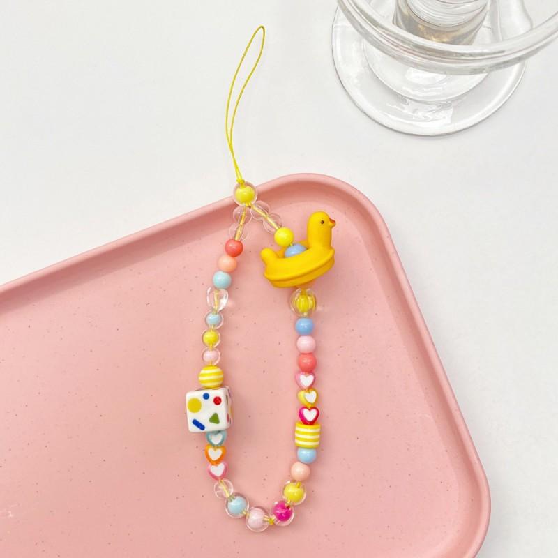 

Creative Bead Bracelet Swimming Circle Cartoon Duck Animal Mobile Phone Lanyard Accessories Square Short Women