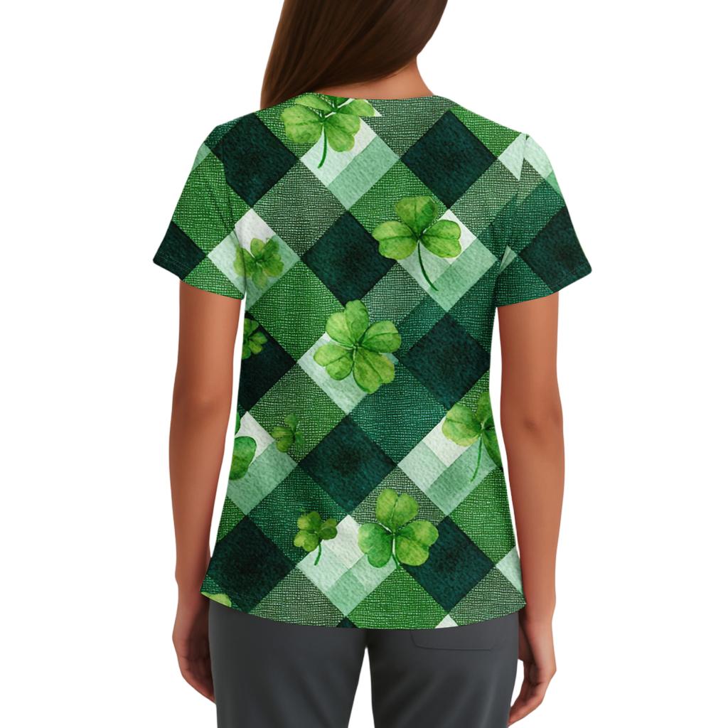 Women's Fashionable V-neck Workwear Printed Short Sleeved Pocket Side Slit Workwear Basic Pullover Top