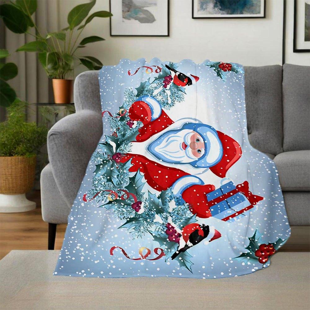 Christmas Santa Claus Snow Scene Greeting CardBlanket Flannel Throw Blanket for Sofa, Bed, Travel, Camping, Office, Couch, Chair, And Bed Gi