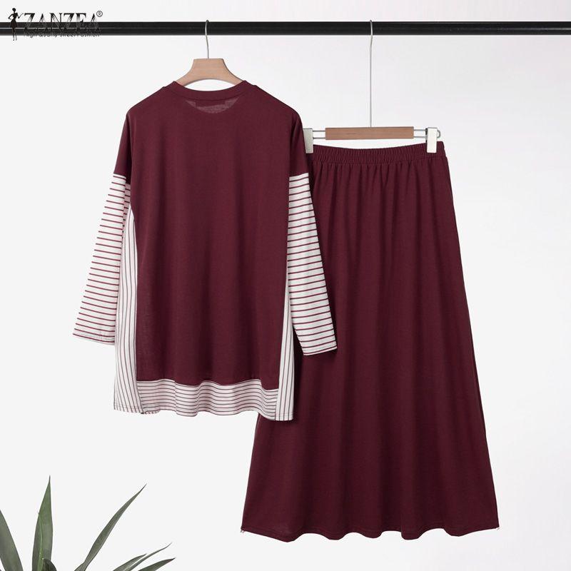 ZANZEA Women Long Sleeve Blouse and Long Skirts Muslim Two Piece Suit Sets