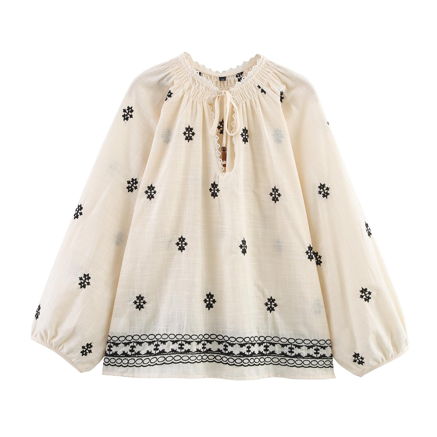 New Summer Women s Fashion Sweet Simple Round Neck Tie-Sleeve Embroidered Shirt Top XS