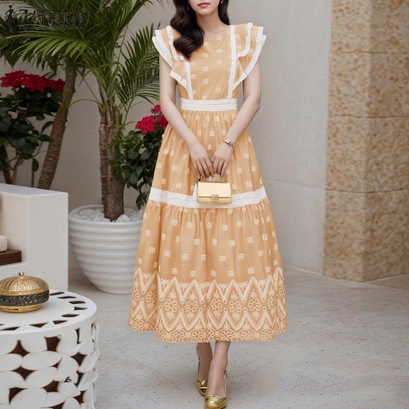 ZANZEA Women Casual Round Neck Loose Ruffles Sleeve Summer Long Dress