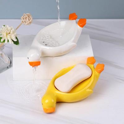 Ceramic Cute Duck Soap Dish Self Draining Soap Holder for Shower