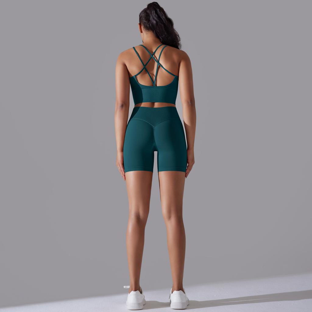 Seamless Knitted Solid Color Beautiful Back High Elastic Sports Tight Yoga Clothing Set Running Fitness Two-piece Set