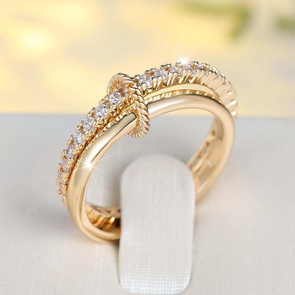 Fashion White Cubic Zirconia Double Layer Rings for Women Girls Vintage Golden Wedding Bands Wedding Jewelry