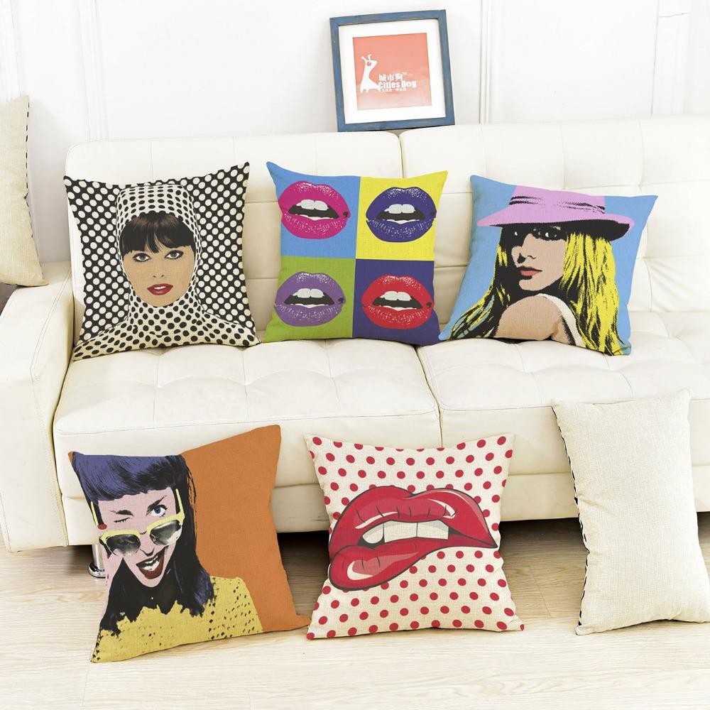 Monika Chen Unisex Modern Pop Art Girl Lips Printing Sofa Decoration Cushion Cover Cotton Linen Car Chair Throw Pillows Case Almofadas 45X45cm