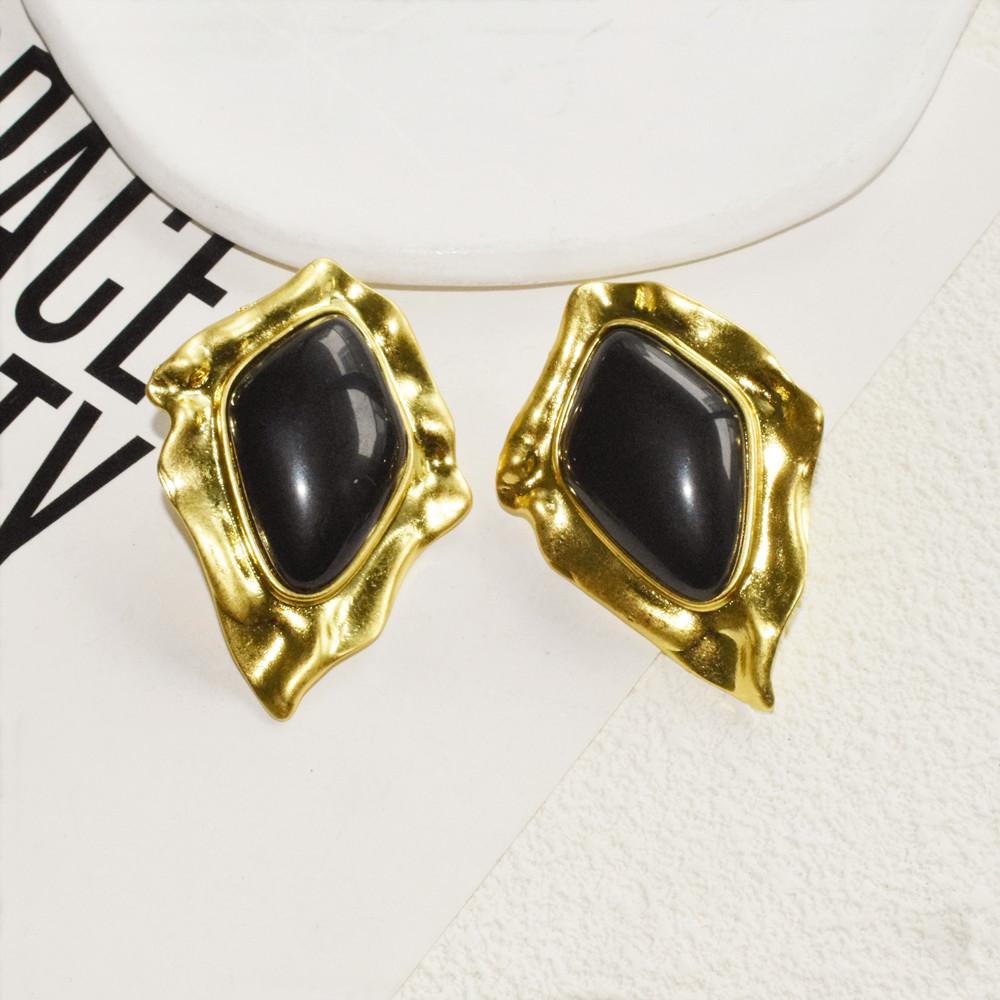 New Rhombus Geometric Metal Alloy With Black Stone Stud Earrings For Women Jewelry Gorgeous Daily Collection Accessory