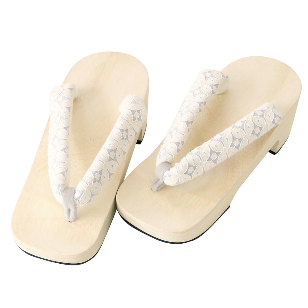 Kimono Cafe Yukata Geta with Lace Straps and Heeled Black and Light Available in Sizes and Ideal for Everyday and Health Light Women's Clogs, White,