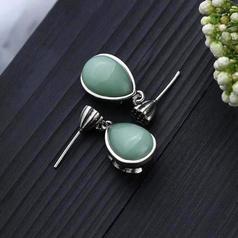 Vintage Lotus Seedpod Earrings with Imitation Hetian Jade and Plated Thai Silver for Hanfu & Cheongsam 2022